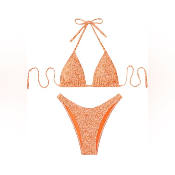 Women’s 2 Piece Swimsuit Floral Print Halter Wireless Triangle Bikini Set Size S - Picture 1 of 9